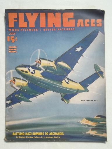 40s vintage Flying Aces WWII airplanes magazine w/ retro pulp cover art