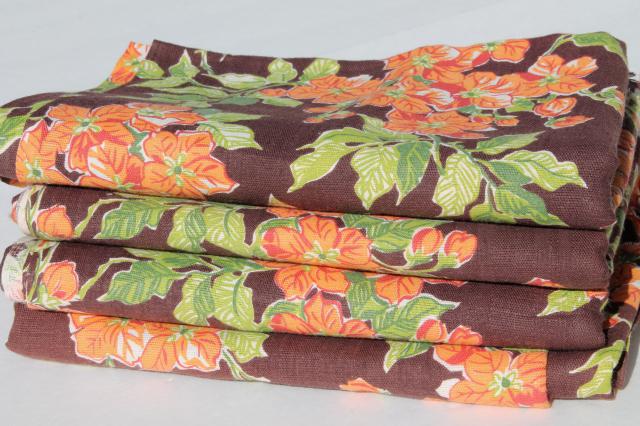 40s vintage cotton flour sacks, chocolate brown & orange flowered print feedsack fabric