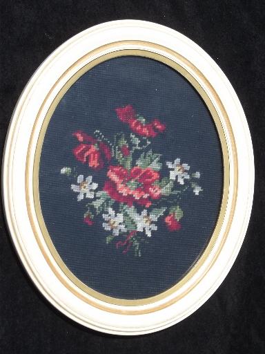 40s vintage pair of needlepoint pictures in oval frames, floral bouquets