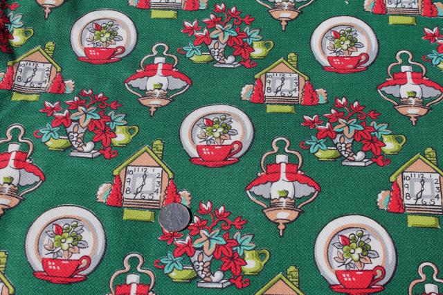40s vintage print cotton barkcloth fabric, country cottage clocks & lamps & flowers