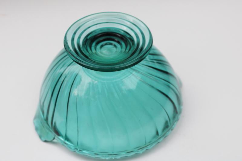 40s vintage teal green depression glass candy dish, Jeannette ultramarine swirl