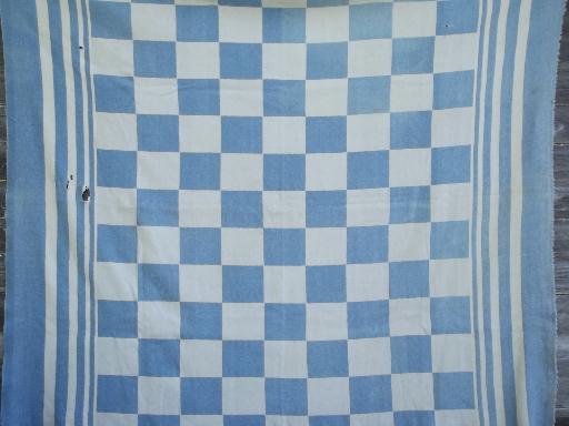 40s-50s vintage camp blankets, old blue and white plaid cotton blanket lot