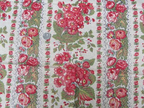 40s-50s vintage cottage floral curtains, red geraniums and daisies print