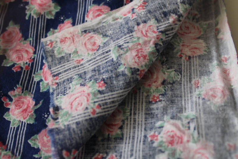 5+ yards soft washed vintage cotton fabric, pink roses floral on navy blue