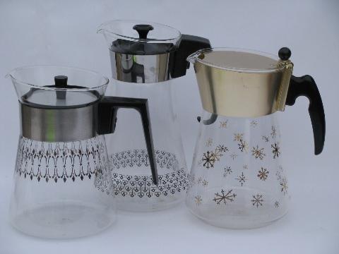 50s 60s vintage Pyrex glass coffee carafe pitchers lot, silver and copper
