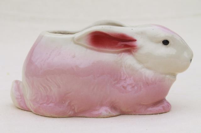 50s 60s vintage USA pottery planter, pink & white bunny rabbit for Easter or baby gift
