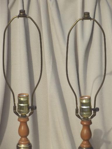 50s 60s vintage colonial maple  polished brass table lamps pair