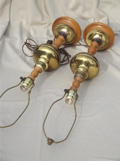 50s 60s vintage colonial maple  polished brass table lamps pair