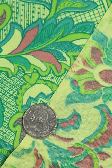 50s 60s vintage cotton paisley print fabric, shade of green and pink