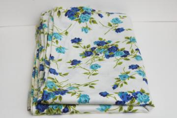 50s 60s vintage fabric w/ blue roses print, smooth crisp cotton sheeting
