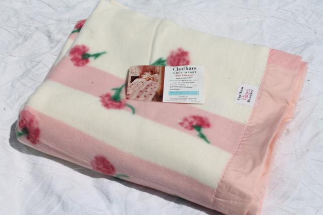 50s 60s vintage rayon plush blanket w/ cottage pink carnations floral, new old dead stock never used
