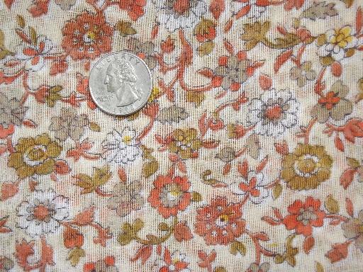 50s 60s vintage sheer cotton print fabric, flowers in orange, gold brown