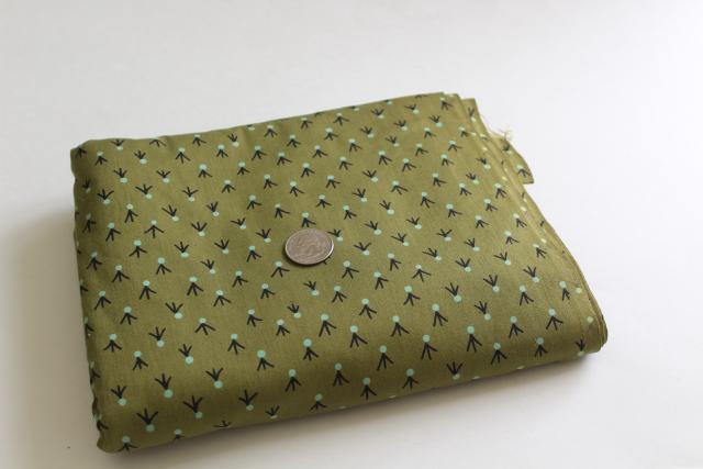 50s 60s vintage shirting cotton fabric, dart pattern olive green aqua black