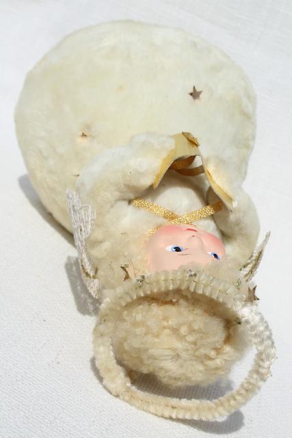 50s 60s vintage snow baby Christmas angel music box doll, fluffy blonde w/ chenille halo