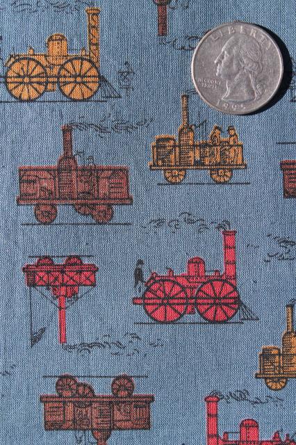 50s 60s vintage steam engine print cotton shirting fabric, retro steampunk
