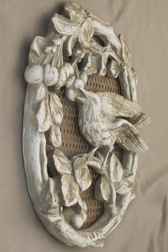 50s Universal statuary chalkware wall art plaques, antiqued plaster cameo ovals birds & flowers