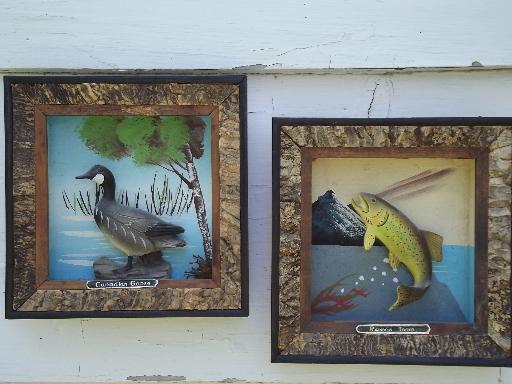 50s camp style tree bark shadowboxes, paint by numbers w/ china figurines