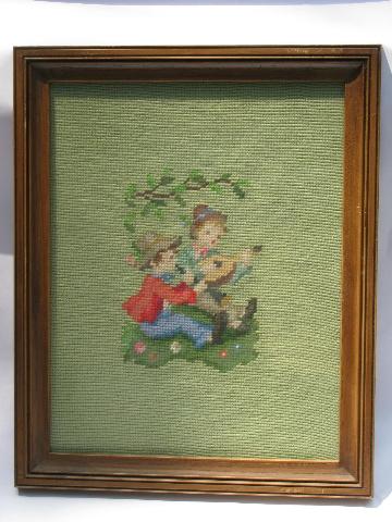 50s framed needlepoint pictures, Hummel style children in folk costumes
