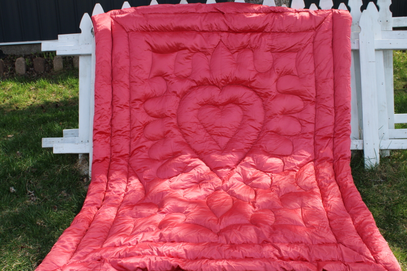 50s glam vintage heavy satin comforter quilt, puffy quilted heart rose pink