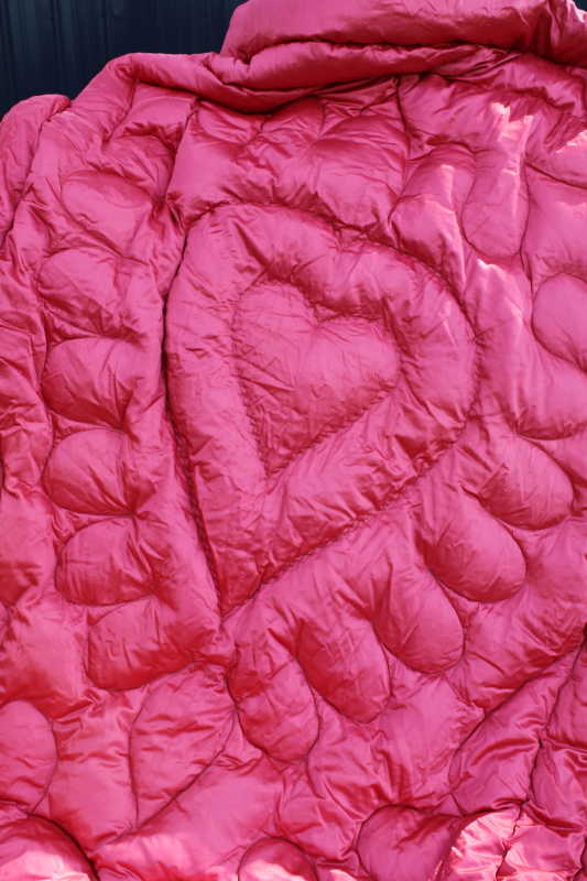 50s glam vintage heavy satin comforter quilt, puffy quilted heart rose pink