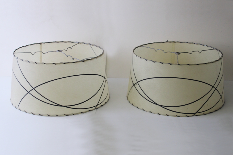 50s mid-century modern vintage laced parchment lampshades, pair large drum shades