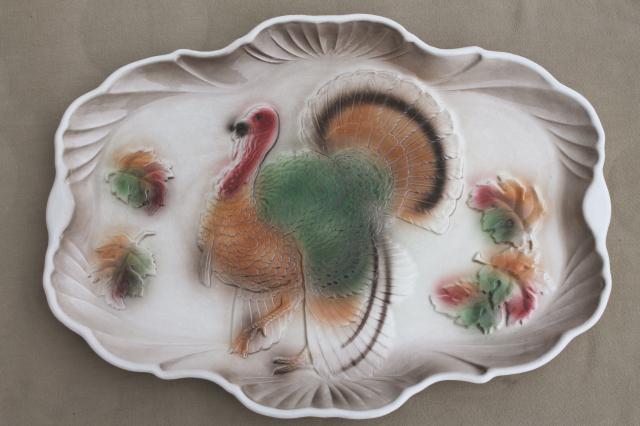 50s vintage California pottery turkey platter, airbrush painted Thanksgiving tom turkey
