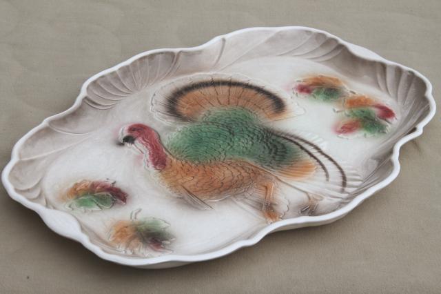 50s vintage California pottery turkey platter, airbrush painted Thanksgiving tom turkey