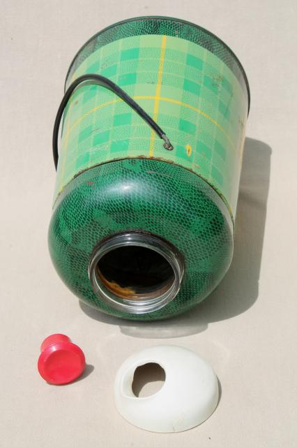 50s vintage Cape Cod cooler, green plaid insulated thermos bottle, road trip camping jug