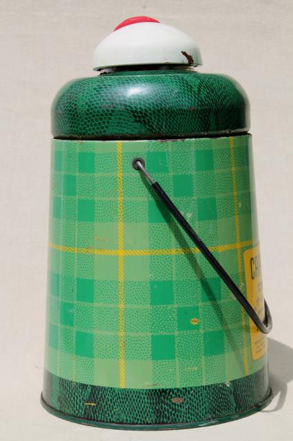 50s vintage Cape Cod cooler, green plaid insulated thermos bottle, road trip camping jug