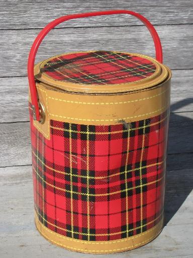 50s vintage Skotch tartanware plaid picnic set, tin hamper, cooler, jug