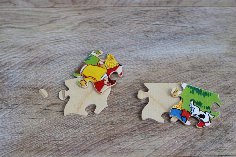 50s vintage Victory plywood wood jigsaw puzzle, children at fair merry