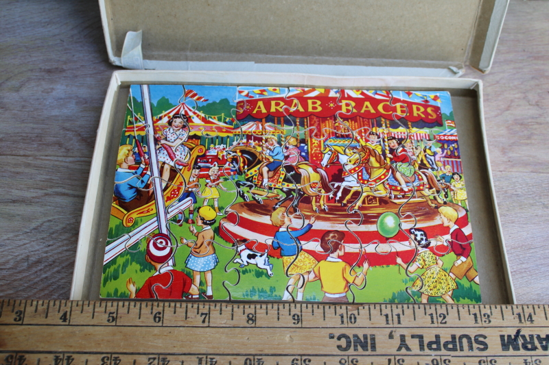 50s vintage Victory plywood wood jigsaw puzzle, children at fair merry