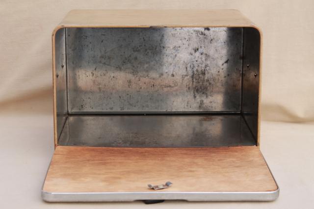 50s vintage all metal bread box, mid-century modern steel cabinet style bread box