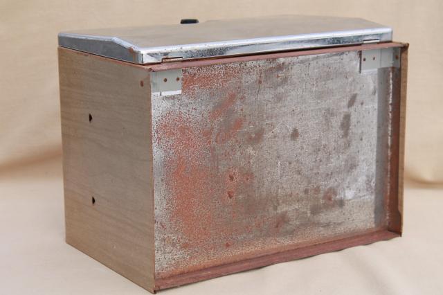 50s vintage all metal bread box, mid-century modern steel cabinet style bread box