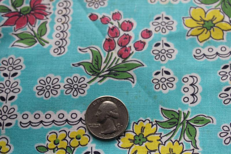 50s vintage cotton fabric, flowered print in bold colors, red yellow turquoise