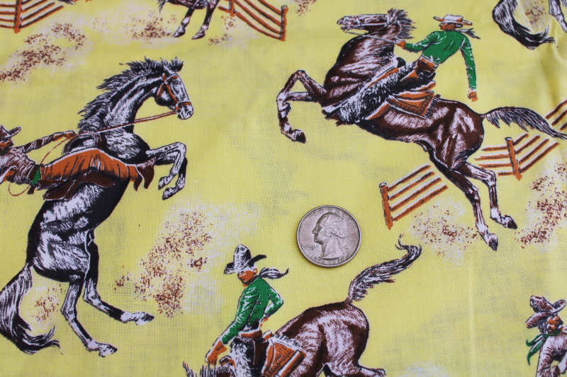 50s vintage cotton fabric quilting weight, western rodeo rider cowboys  horses print