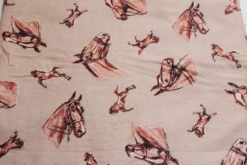 50s vintage cotton flannel fabric, horses print on tan, retro cowboy western style