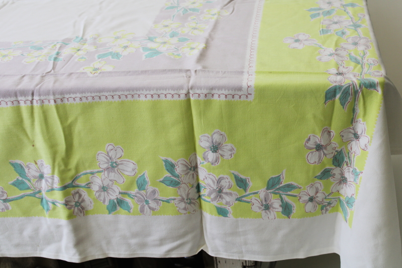 50s vintage cotton rayon tablecloth dogwood flowers print lime green, spruce, gray
