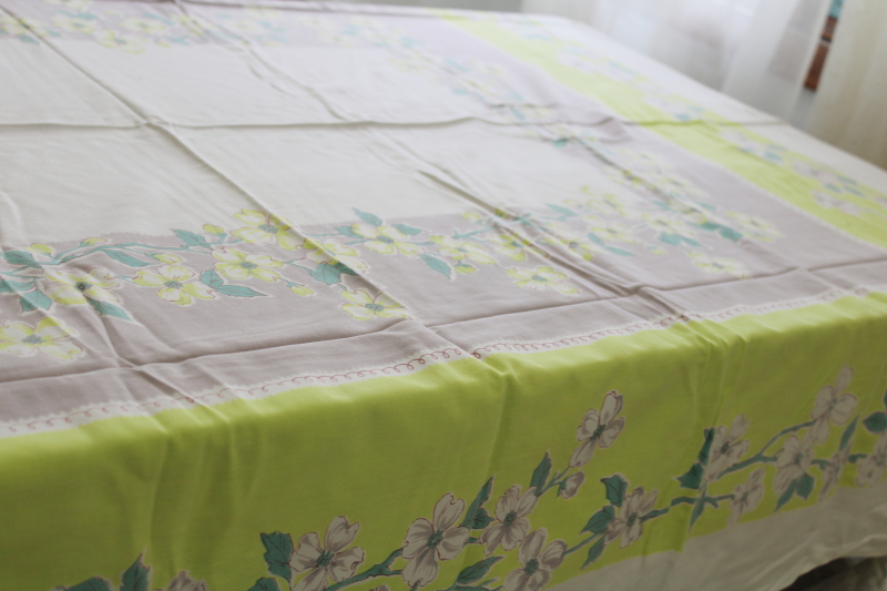 50s vintage cotton rayon tablecloth dogwood flowers print lime green, spruce, gray