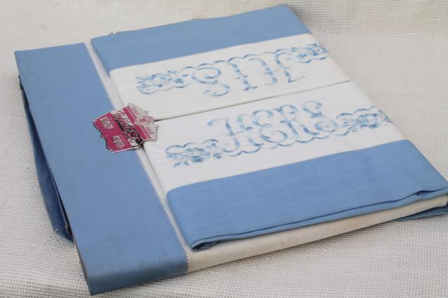 50s vintage cotton sheets & pillowcases, His & Hers embroidered linens never used