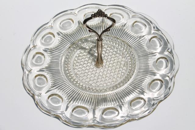 50s vintage crystal clear sandwich or cake plate w/ center handle, Barlett Collins Manhattan pattern glass
