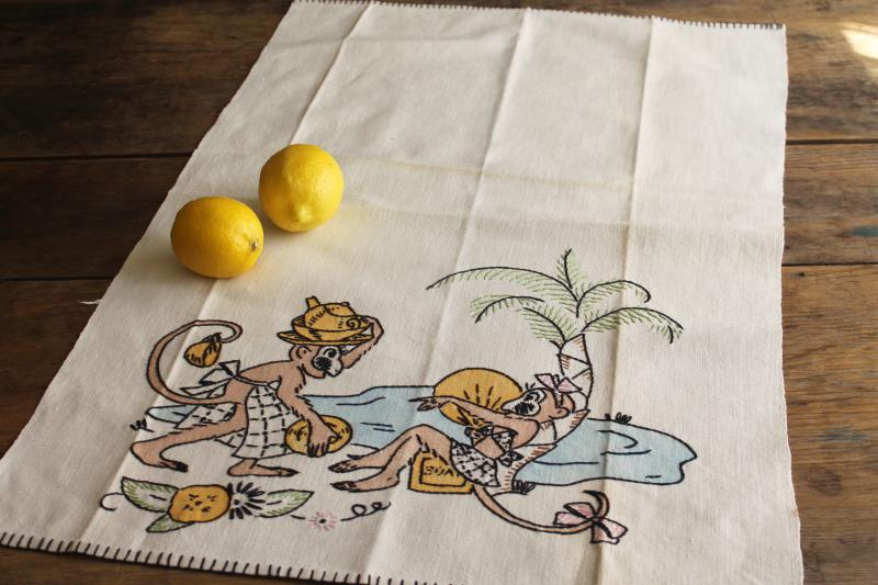 50s vintage embroidered kitchen towel w/ funny monkeys, beach bums w/ dirty dishes