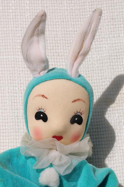 50s vintage girl pixie Easter bunnies, velvet doll ornaments, retro holiday decorations