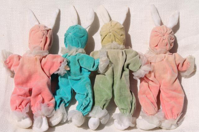 50s vintage girl pixie Easter bunnies, velvet doll ornaments, retro holiday decorations