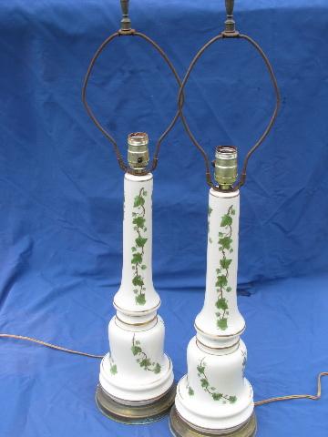 50s vintage green ivy lamps, tall white pottery table lamp pair
