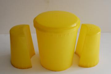 50s vintage kitchen range set large shakers, lustroware type yellow plastic 