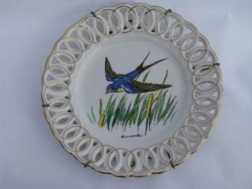50s vintage lace edge china plate, barn swallow bird design, hand-painted Japan