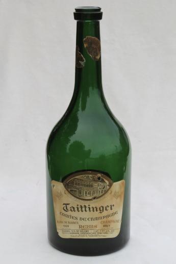 50s vintage magnum champagne bottle, large green glass bottle w/ French label dated 1959