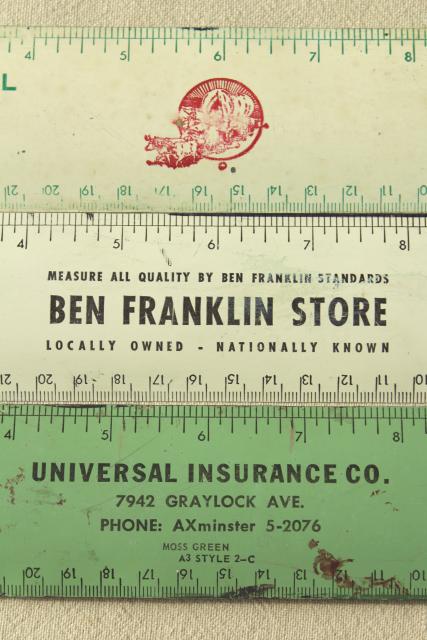 50s vintage metal rulers w/ old advertising, Ben Franklin dime stores etc.