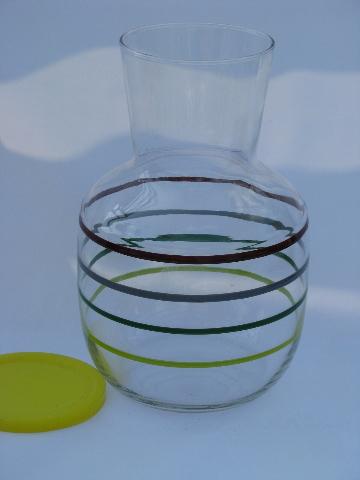 50s vintage ring pattern colored band glass refrigerator bottle, juice glasses